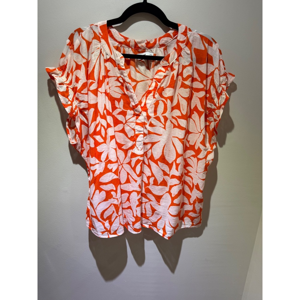 Sonoma Goods For Life Orange White Floral V-Neck Flutter Sleeve Blouse XXL